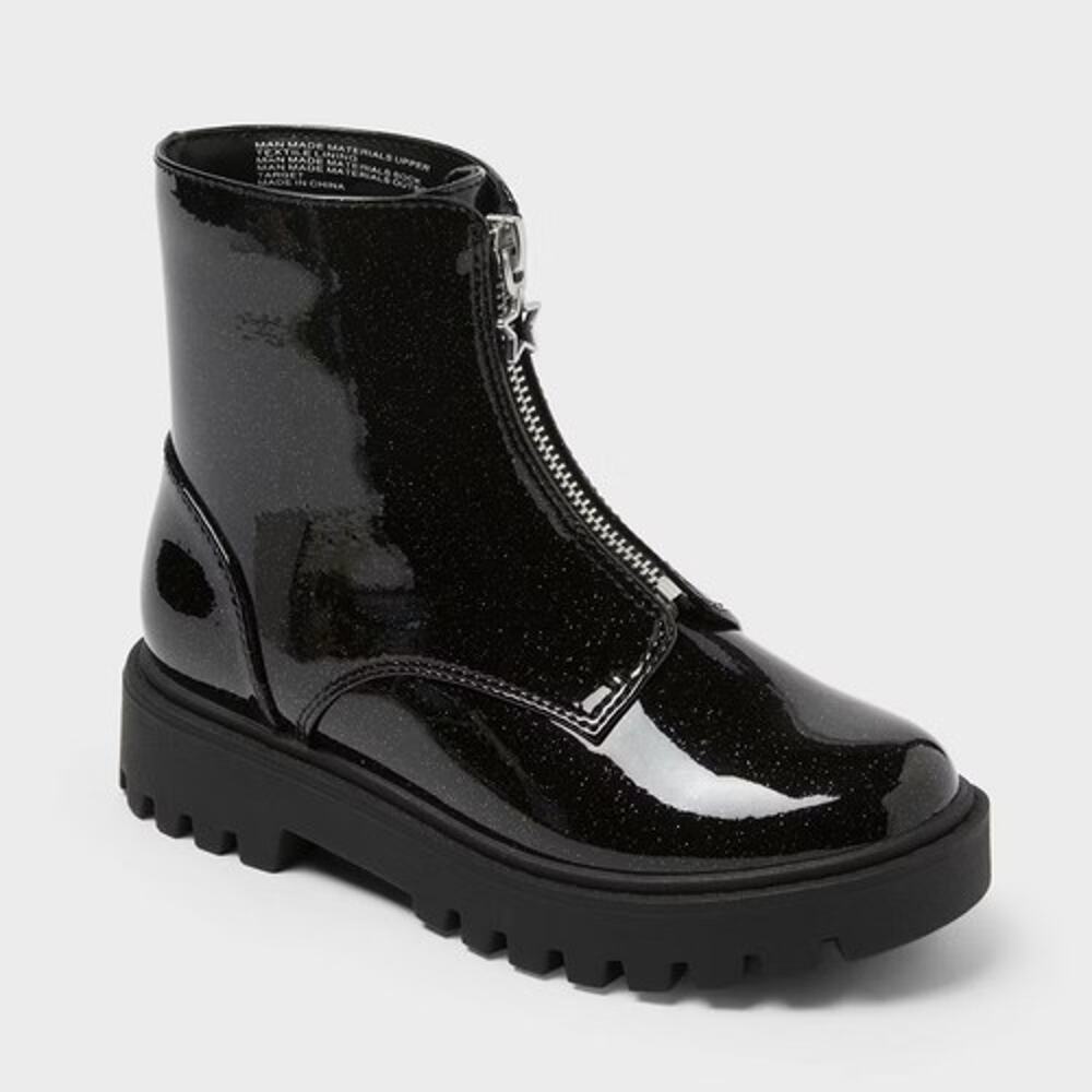 Girls Black Patent Combat Boots Lug Sole Size 13C Kids Art Class Myra New